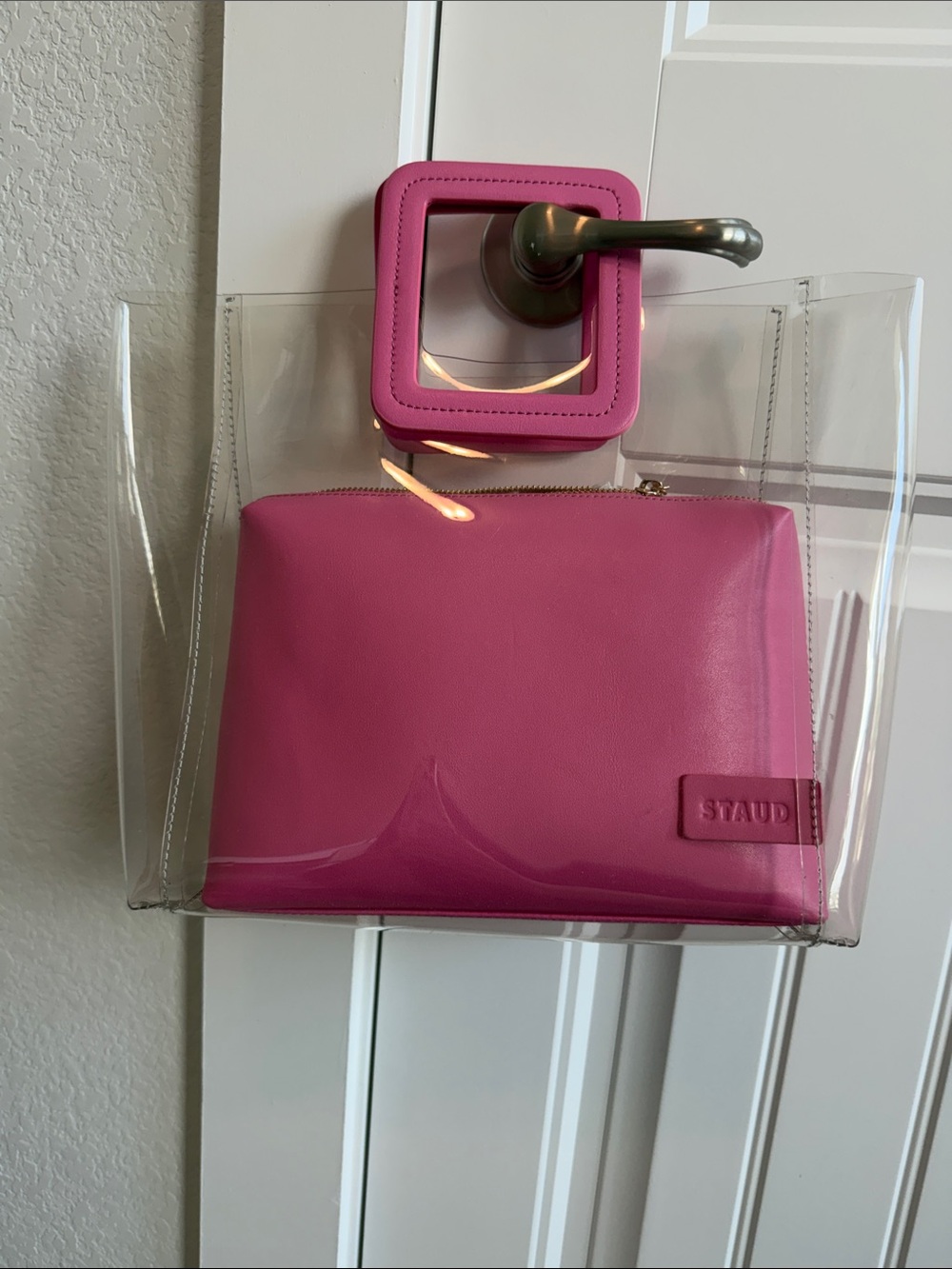 STAUD Clear Tote with Hot Pink Pouch and Square Handle